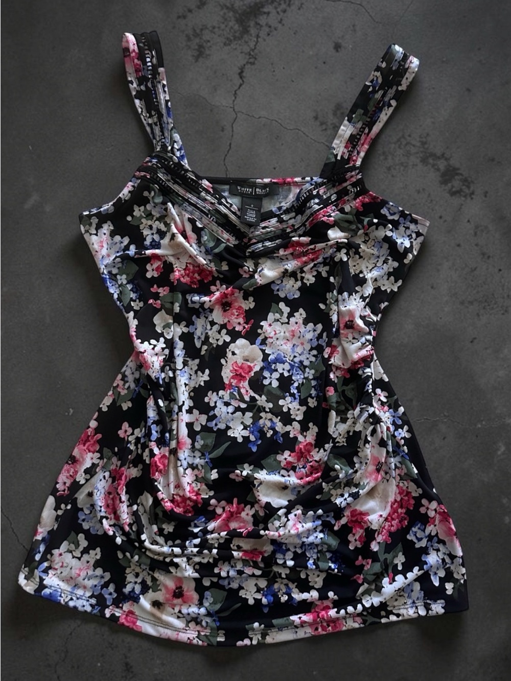 Whimsigoth Black With Pink+Blue Floral Garden Ruched Cami Tank - WHBM size Small